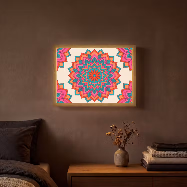 Mandala - Patroon - Abstract - Kleurrijk - Modern Light Box met batterij (Wandlamp) middel -sfeer4