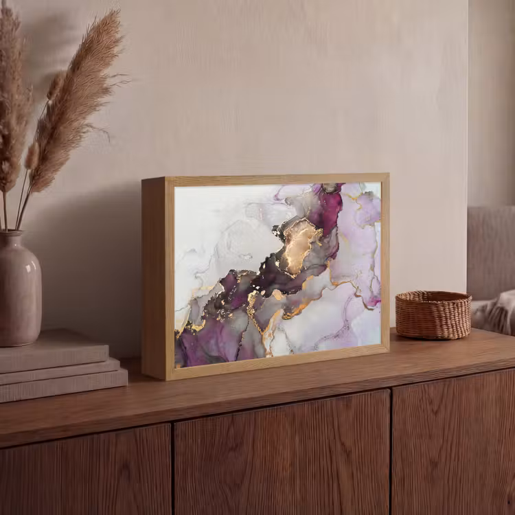 Marmer - Abstract - Goud - Paars Light Box met batterij (Wandlamp) middel -sfeer2