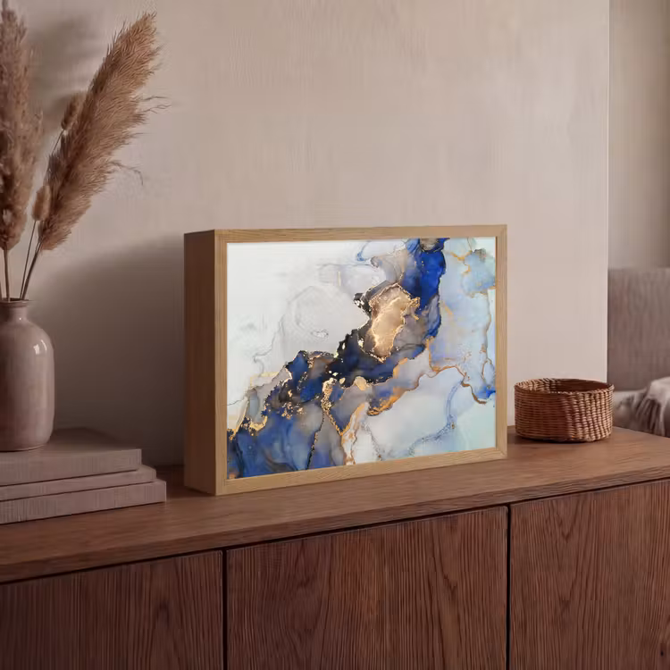 Marmer - Blauw - Goud Light Box met batterij (Wandlamp) middel -sfeer2