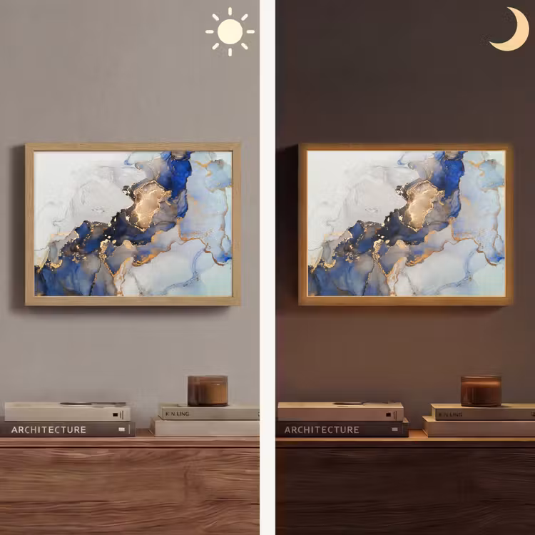 Marmer - Blauw - Goud Light Box met batterij (Wandlamp) middel -sfeer3