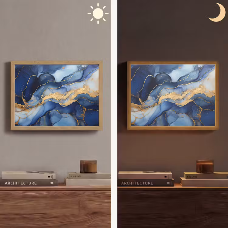 Marmer - Blauw - Goud - Abstract Light Box met batterij (Wandlamp) middel -sfeer3