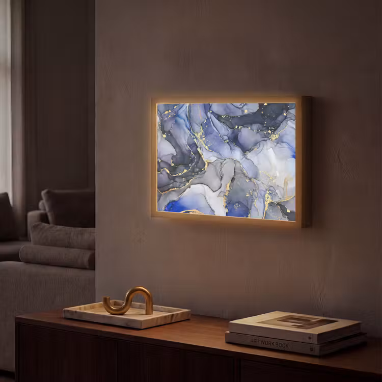 Marmer - Goud - Abstract - Blauw Light Box met batterij (Wandlamp) middel -sfeer1