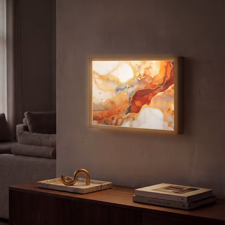 Marmer - Oranje - Goud - Modern - Abstract Light Box met batterij (Wandlamp) middel -sfeer1