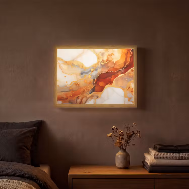Marmer - Oranje - Goud - Modern - Abstract Light Box met batterij (Wandlamp) middel -sfeer4