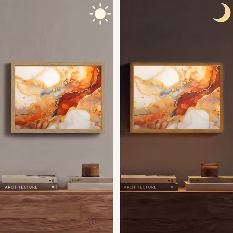 Marmer - Oranje - Goud - Modern - Abstract Light Box met batterij (Wandlamp) middel -sfeer3