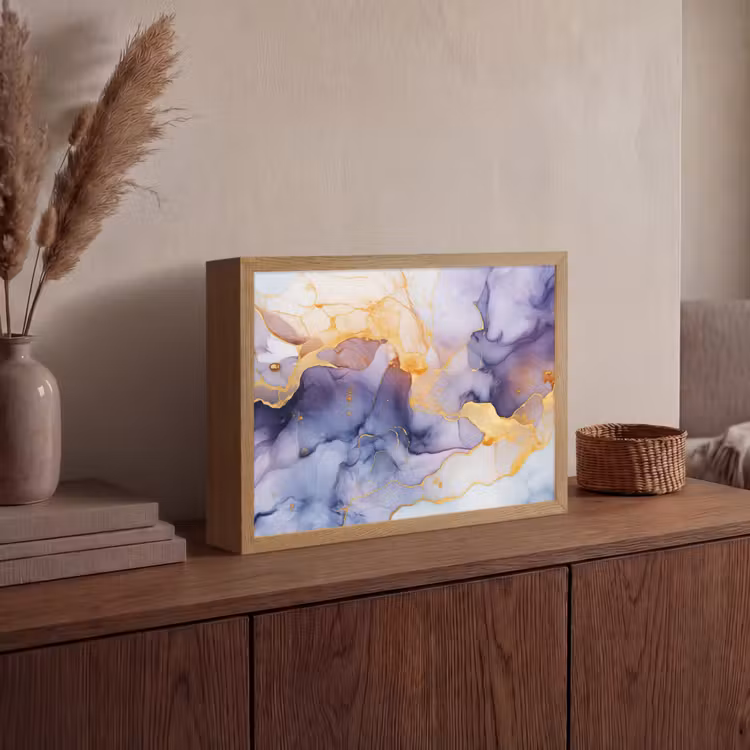 Marmer - Paars - Lila - Goud - Abstract Light Box met batterij (Wandlamp) middel -sfeer2