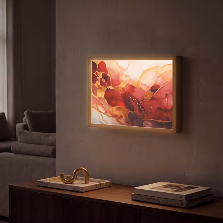 Marmer - Rood - Goud - Modern - Abstract Light Box met batterij (Wandlamp) middel -sfeer1