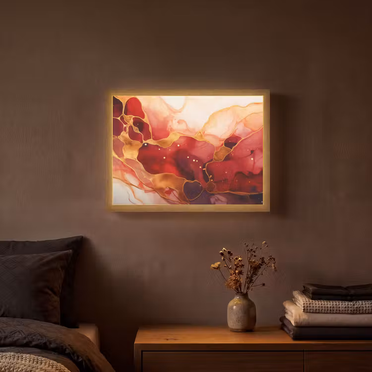 Marmer - Rood - Goud - Modern - Abstract Light Box met batterij (Wandlamp) middel -sfeer4