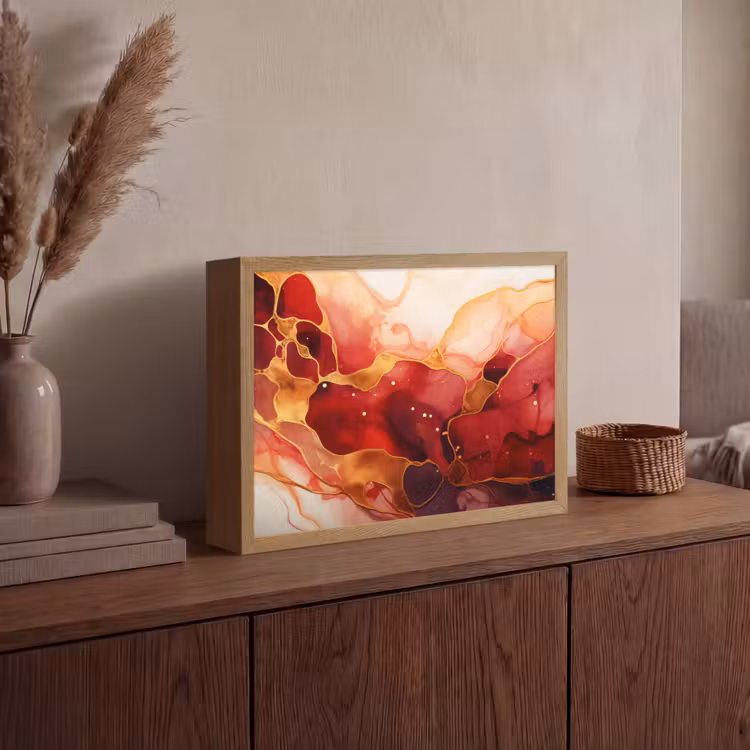 Marmer - Rood - Goud - Modern - Abstract Light Box met batterij (Wandlamp) middel -sfeer2