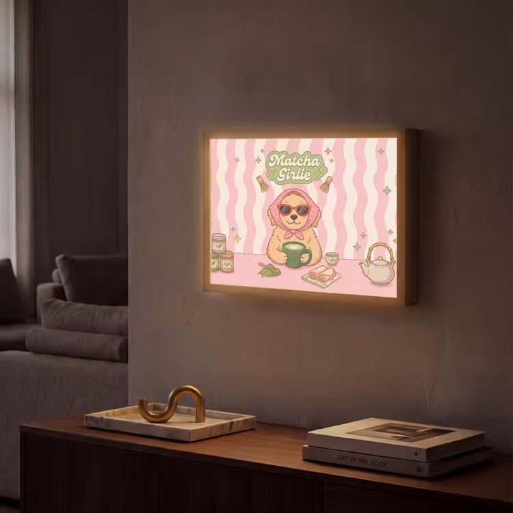 Matcha - Hond - Roze - Groen Light Box met batterij (Wandlamp) middel -sfeer1