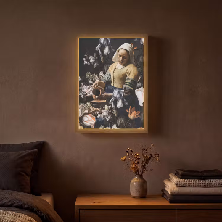 Melkmeisje - Johannes Vermeer - Bloemen - Blauw Light Box met batterij (Wandlamp) middel -sfeer4