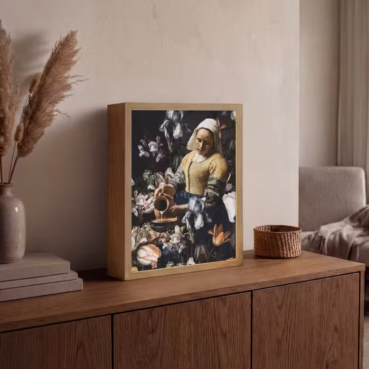 Melkmeisje - Johannes Vermeer - Bloemen - Blauw Light Box met batterij (Wandlamp) middel -sfeer2