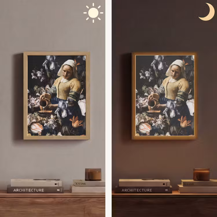 Melkmeisje - Johannes Vermeer - Bloemen - Blauw Light Box met batterij (Wandlamp) middel -sfeer3