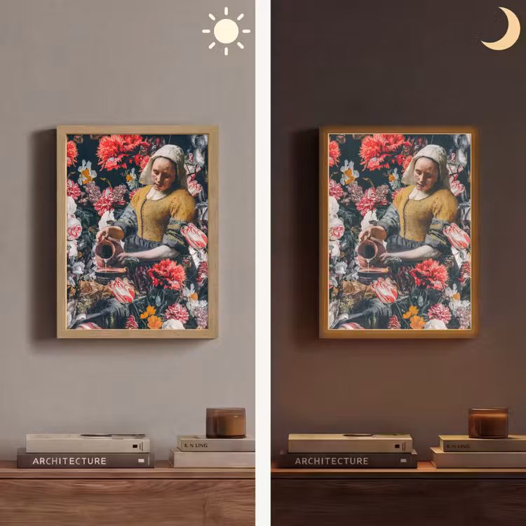 Melkmeisje - Johannes Vermeer - Bloemen - Roze Light Box met batterij (Wandlamp) middel -sfeer3