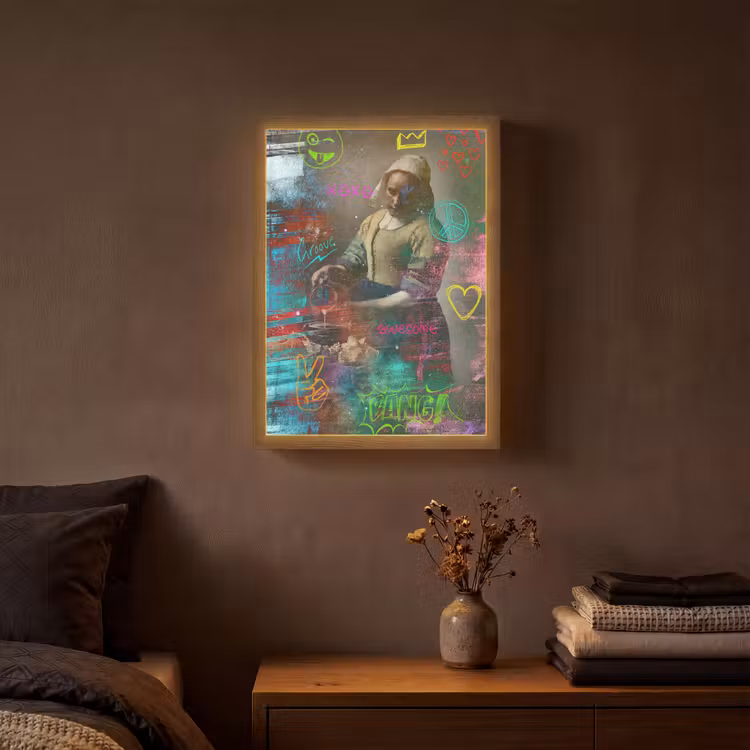 Melkmeisje - Johannes Vermeer - Graffiti Light Box met batterij (Wandlamp) middel -sfeer4