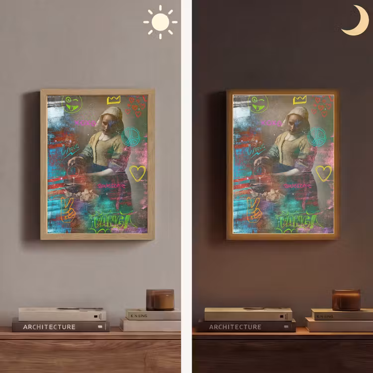 Melkmeisje - Johannes Vermeer - Graffiti Light Box met batterij (Wandlamp) middel -sfeer3