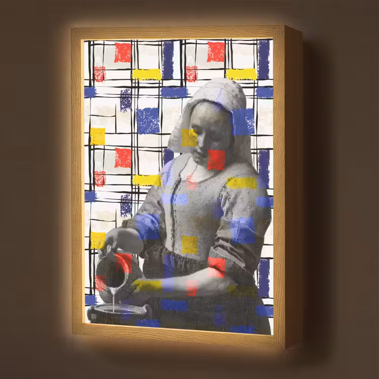 Melkmeisje - Mondriaan - Collage Light Box met batterij (Wandlamp) middel -z3d_website