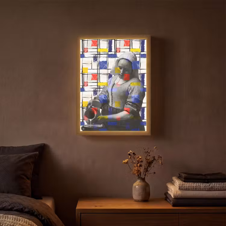 Melkmeisje - Mondriaan - Collage Light Box met batterij (Wandlamp) middel -sfeer4