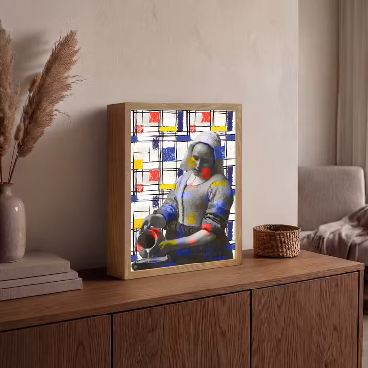 Melkmeisje - Mondriaan - Collage Light Box met batterij (Wandlamp) middel -sfeer2