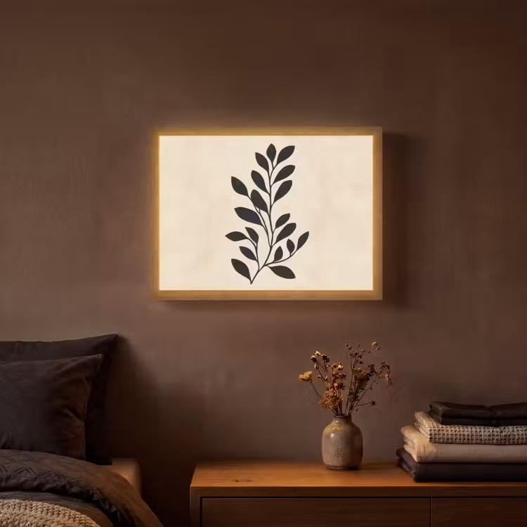 Minimalistisch - Tak - Bladeren - Zwart Light Box met batterij (Wandlamp) middel -sfeer4