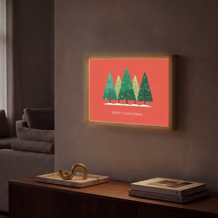 Minimalistisch - Kerstbomen - Rood - Sneeuw Light Box met batterij (Wandlamp) middel -sfeer1