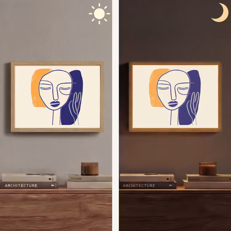 Minimalistisch - Gezicht - Hand - Oranje - Blauw Light Box met batterij (Wandlamp) middel -sfeer3