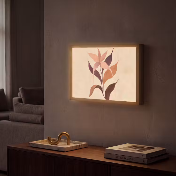 Minimalistisch - Bloem - Bladeren - Beige Light Box met batterij (Wandlamp) middel -sfeer1