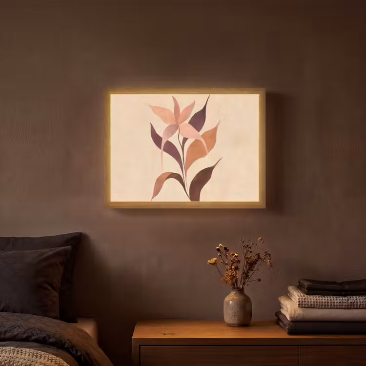 Minimalistisch - Bloem - Bladeren - Beige Light Box met batterij (Wandlamp) middel -sfeer4