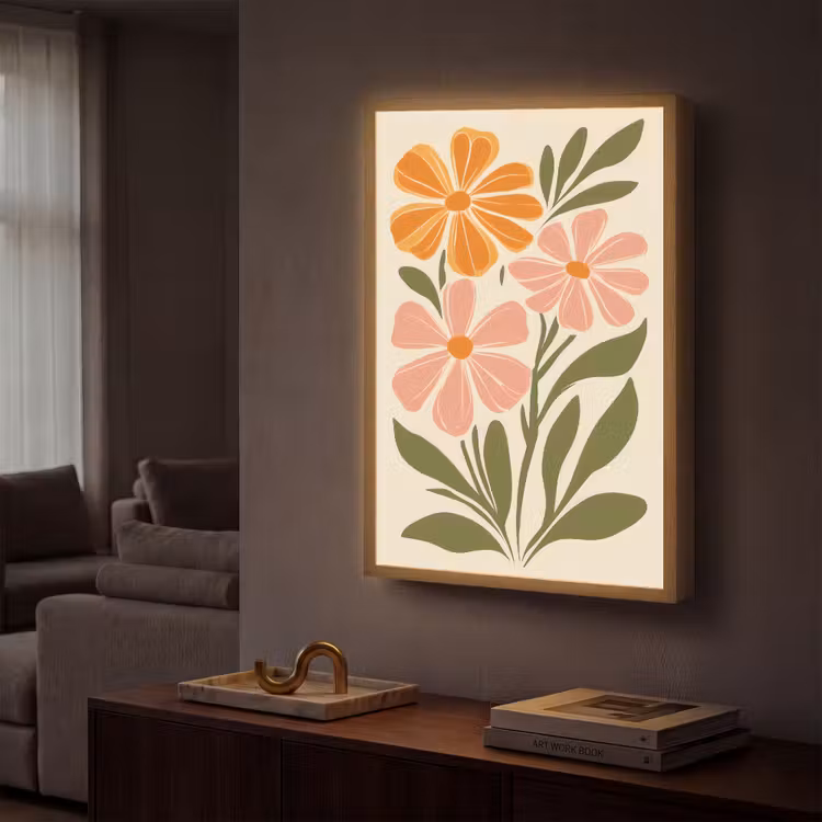 Minimalistisch - Bloemen - Bladeren - Roze Light Box met batterij (Wandlamp) middel -sfeer1