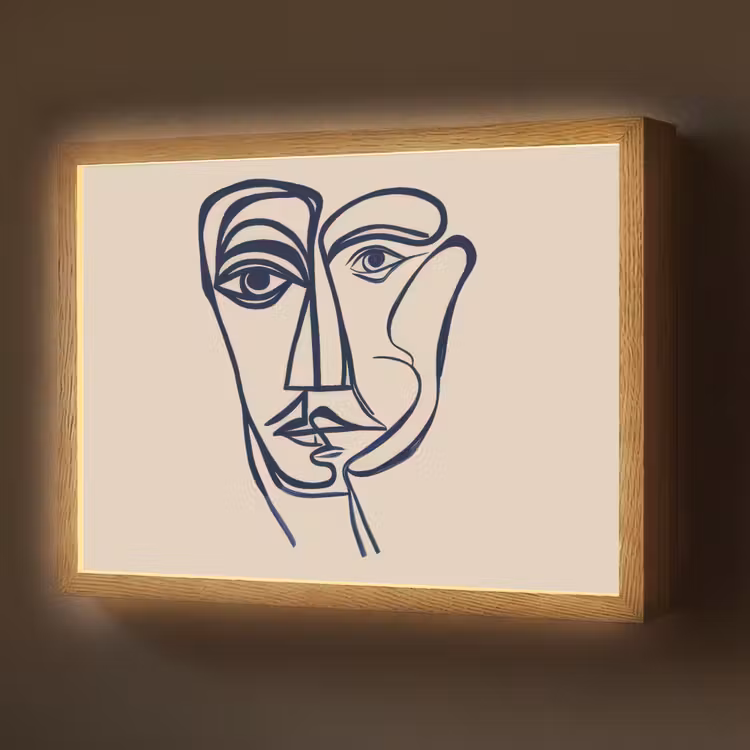 Minimalistisch - Lijnillustratie - Beige - Donkerblauw Light Box met batterij (Wandlamp) middel -z3d_website