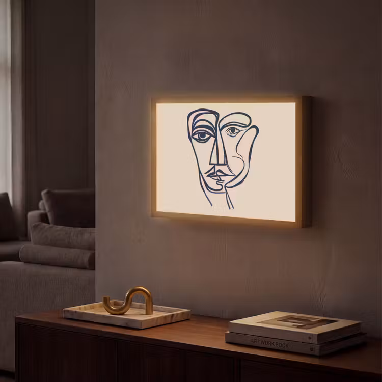 Minimalistisch - Lijnillustratie - Beige - Donkerblauw Light Box met batterij (Wandlamp) middel -sfeer1