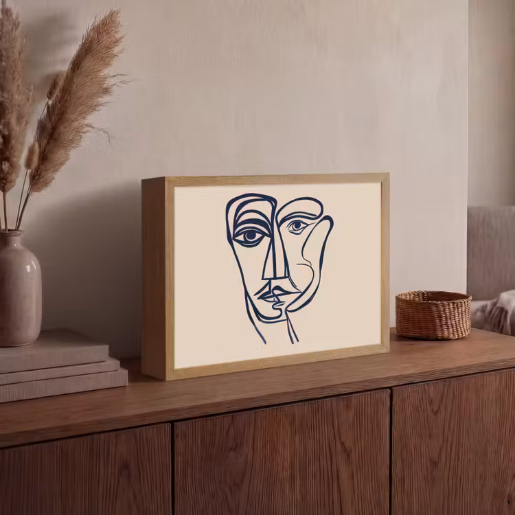 Minimalistisch - Lijnillustratie - Beige - Donkerblauw Light Box met batterij (Wandlamp) middel -sfeer2