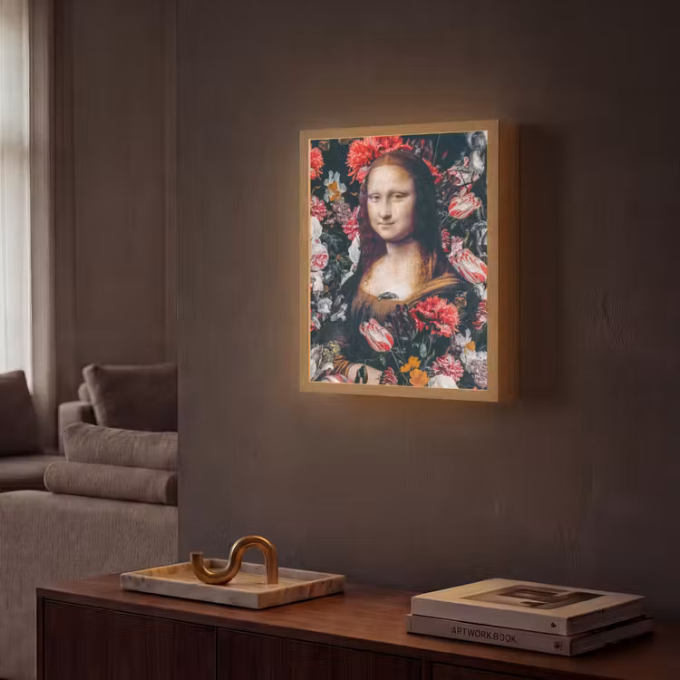 Mona Lisa - Leonardo da Vinci - Bloemen - Roze Light Box met batterij (Wandlamp) middel -sfeer1