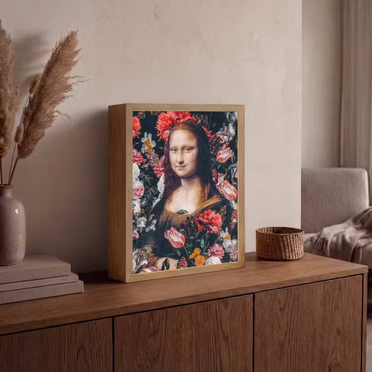 Mona Lisa - Leonardo da Vinci - Bloemen - Roze Light Box met batterij (Wandlamp) middel -sfeer2