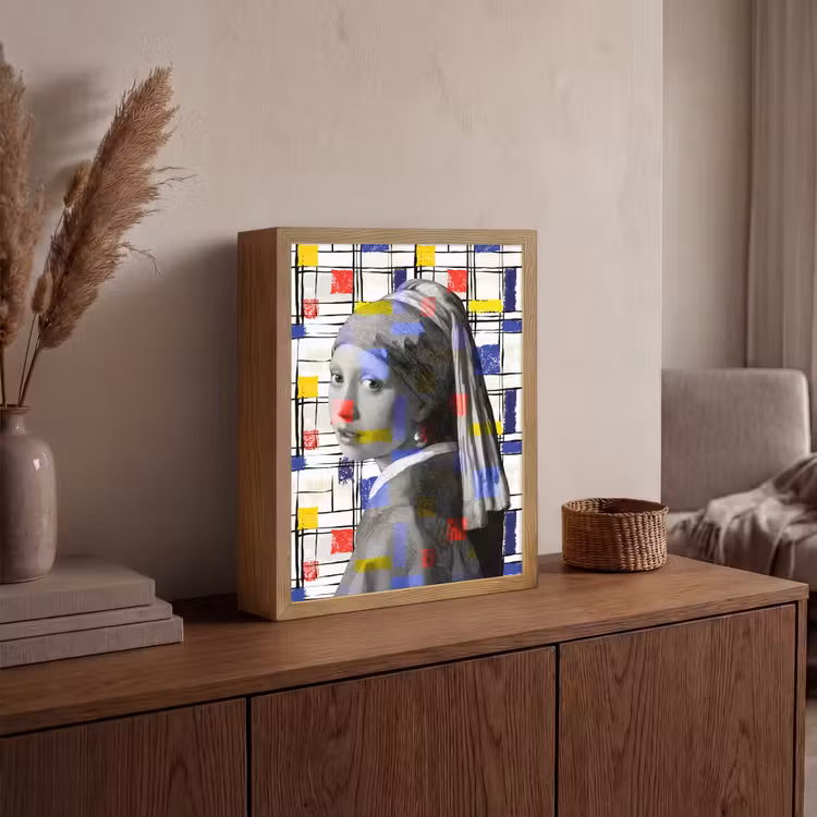 Mondriaan - Meisje met de parel - Collage Light Box met batterij (Wandlamp) middel -sfeer2