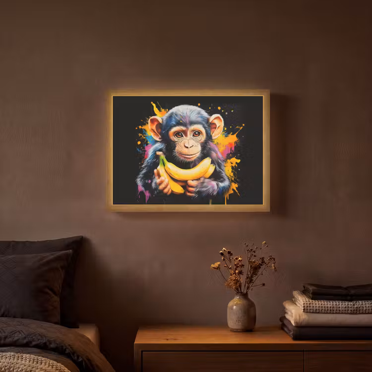 Aap - Graffiti - Kleurrijk - Bananen - Modern Light Box met batterij (Wandlamp) middel -sfeer4