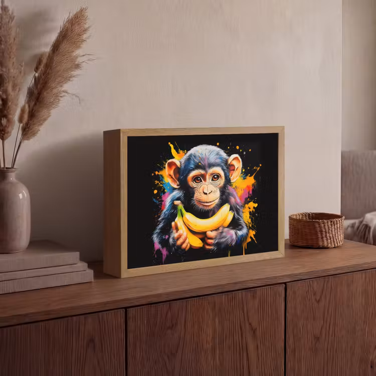 Aap - Graffiti - Kleurrijk - Bananen - Modern Light Box met batterij (Wandlamp) middel -sfeer2
