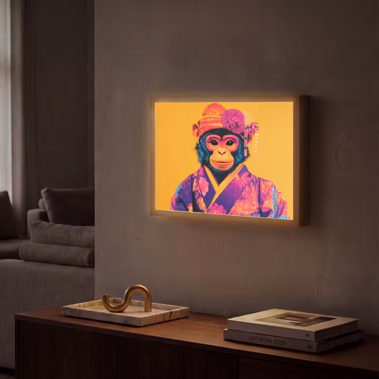Aap - Kimono - Bloemen - Hoofdtooi Light Box met batterij (Wandlamp) middel -sfeer1