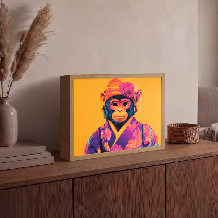 Aap - Kimono - Bloemen - Hoofdtooi Light Box met batterij (Wandlamp) middel -sfeer2