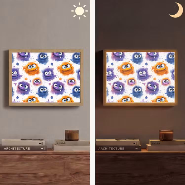 Monstertjes - Aquarel - Kleurrijk Light Box met batterij (Wandlamp) middel 907 -sfeer3