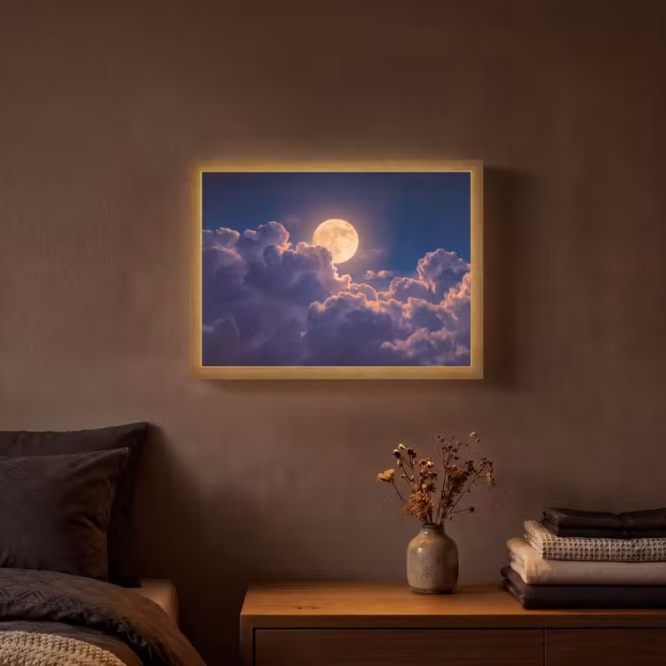 Maan - Wolken - Nacht - Oranje Light Box met batterij (Wandlamp) middel -sfeer4