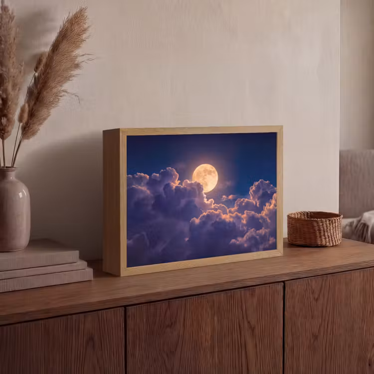 Maan - Wolken - Nacht - Oranje Light Box met batterij (Wandlamp) middel -sfeer2