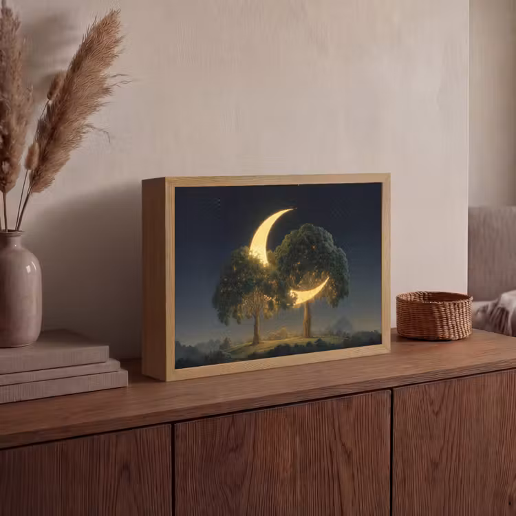 Maan - Bomen - Rust Light Box met batterij (Wandlamp) middel -sfeer2