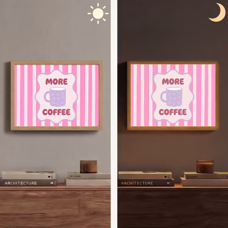 More coffee - Roze - Paars - Strepen - Mok Light Box met batterij (Wandlamp) middel -sfeer3