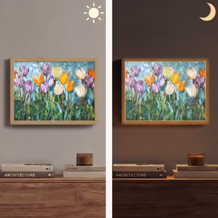 Mozaïek - Veld - Tulpen - Kleurrijk Light Box met batterij (Wandlamp) middel -sfeer3