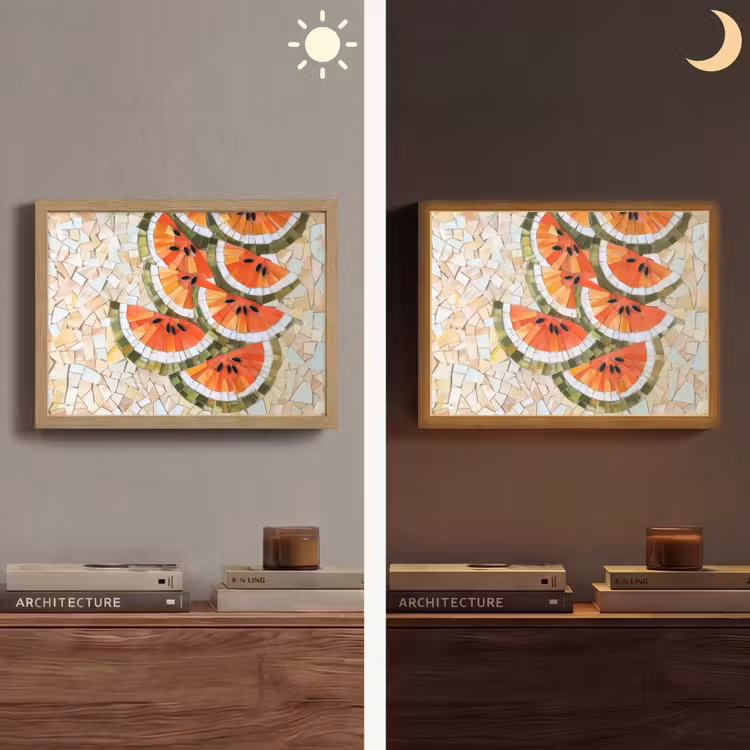 Mozaïek - Watermeloen - Rood - Pitten Light Box met batterij (Wandlamp) middel -sfeer3