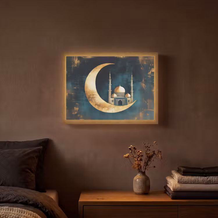 Moskee - Halve maan - Goud - Ramadan - Islamitische Light Box met batterij (Wandlamp) middel -sfeer4