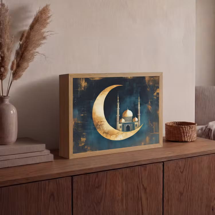 Moskee - Halve maan - Goud - Ramadan - Islamitische Light Box met batterij (Wandlamp) middel -sfeer2