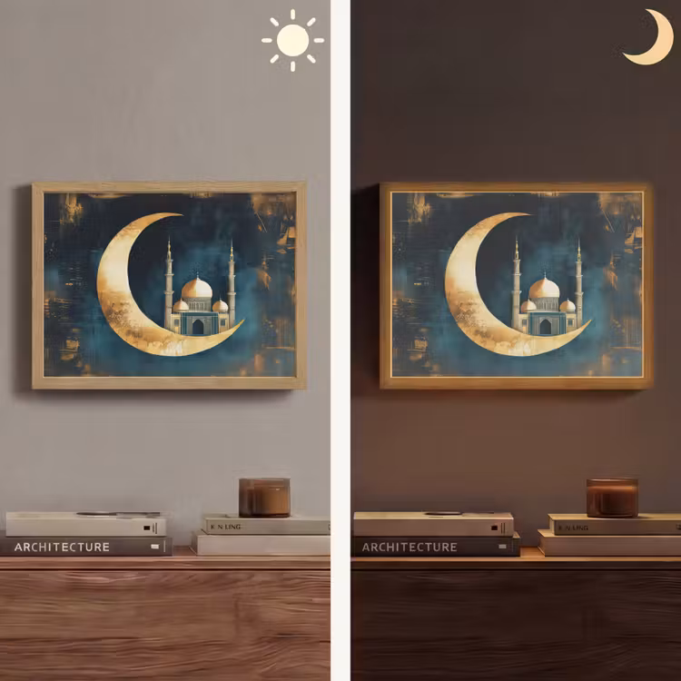 Moskee - Halve maan - Goud - Ramadan - Islamitische Light Box met batterij (Wandlamp) middel -sfeer3