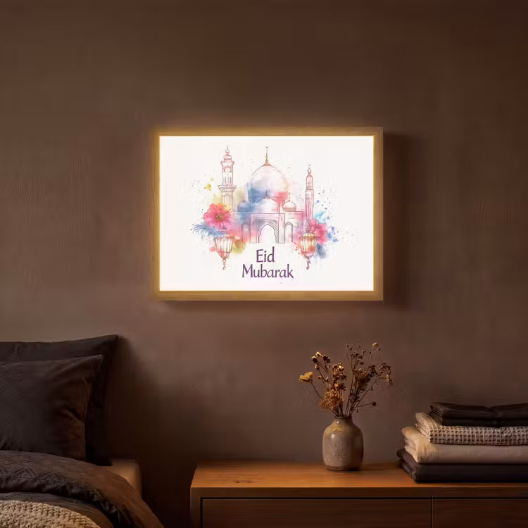 Moskee - Eid Mubarak - Suikerfeest - Kleurrijk - Ramadan - Islamitische Light Box met batterij (Wandlamp) middel -sfeer4
